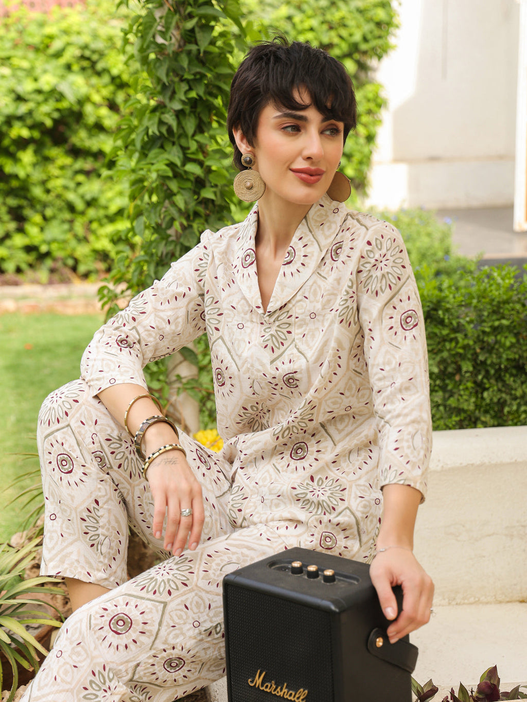 White Shawl Neck Pure Cotton Top Printed Co-Ords Set For Women