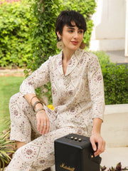 White Shawl Neck Pure Cotton Top Printed Co-Ords Set For Women