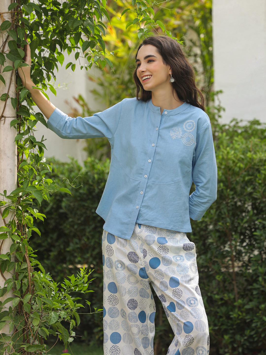Blue Mandarin Collar Pure Cotton Shirt Dyed Co-ords Set for Women - SanskrutiHomes 