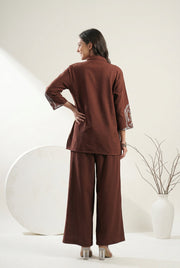 Brown Shirt Collar Dyed Pure Cotton Co-Ord Set For Women