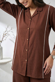 Brown Shirt Collar Dyed Pure Cotton Co-Ord Set For Women