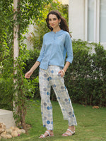 Blue Mandarin Collar Pure Cotton Shirt Dyed Co-ords Set for Women - SanskrutiHomes 