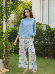 Blue Mandarin Collar Pure Cotton Shirt Dyed Co-ords Set for Women - SanskrutiHomes 