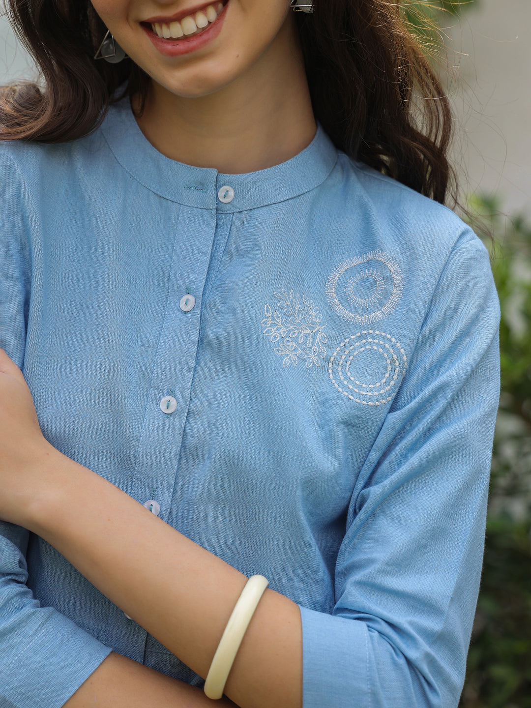 Blue Mandarin Collar Pure Cotton Shirt Dyed Co-ords Set for Women - SanskrutiHomes 