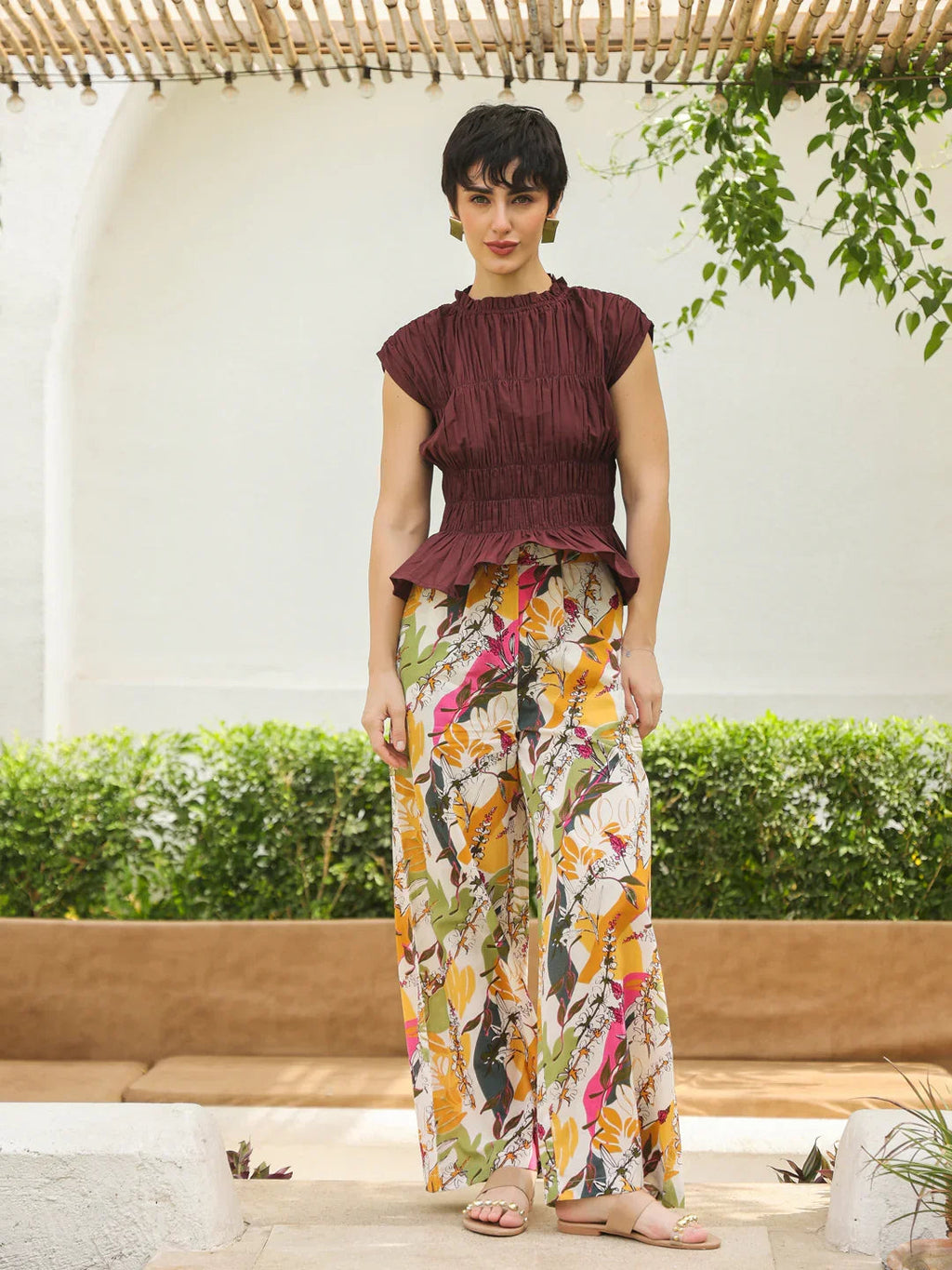 Brown Round Neck Pure Cotton Top Solid Co-ords Set for Women - SanskrutiHomes 