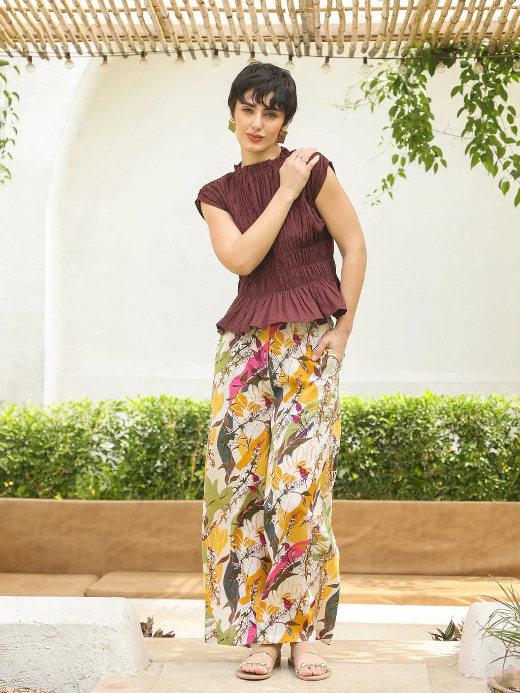 Brown Round Neck Pure Cotton Top Solid Co-ords Set for Women - SanskrutiHomes 