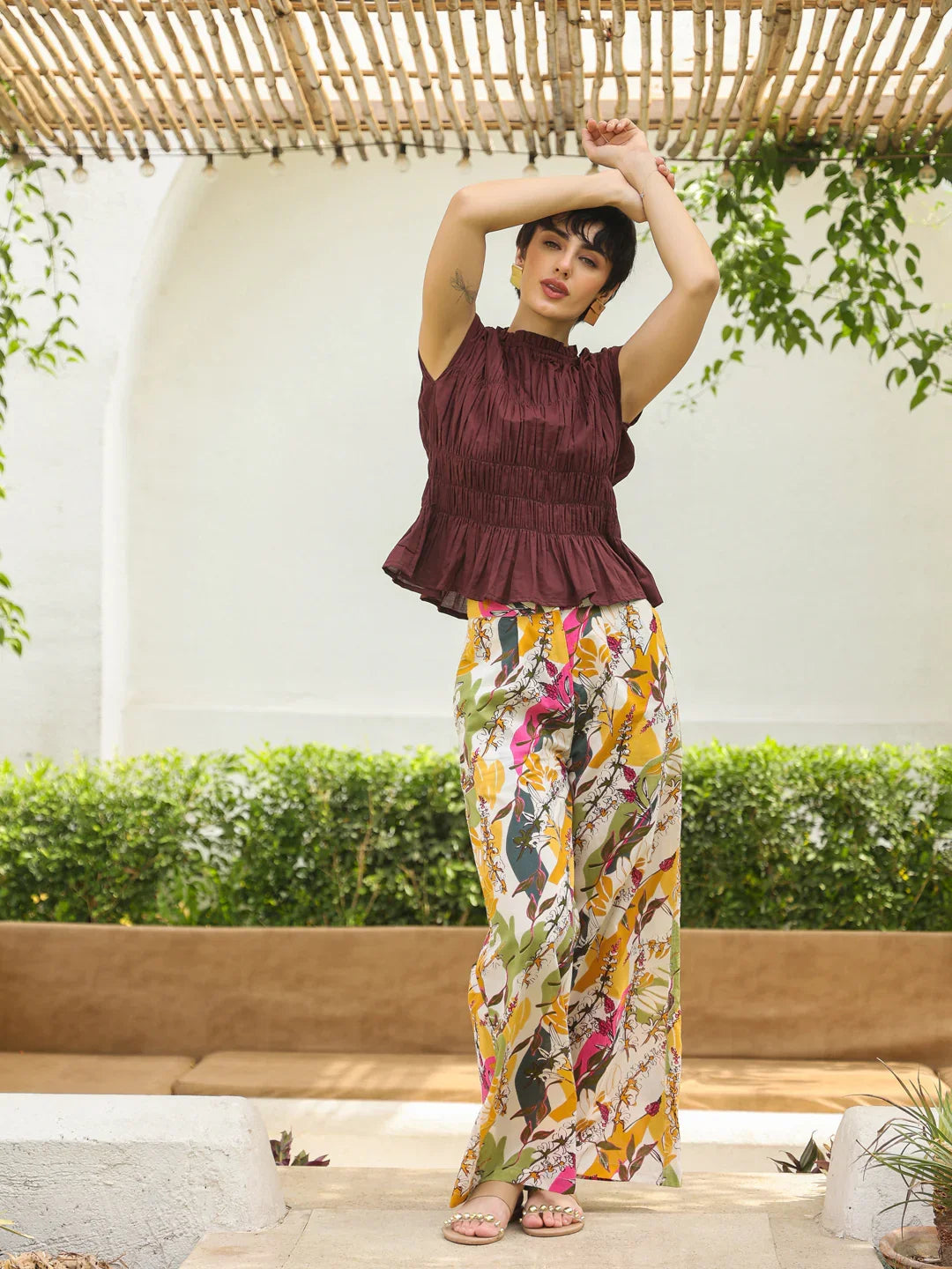 Brown Round Neck Pure Cotton Top Solid Co-ords Set for Women - SanskrutiHomes 