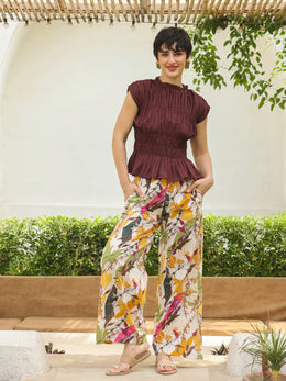 Brown Round Neck Pure Cotton Top Solid Co-ords Set for Women - SanskrutiHomes 