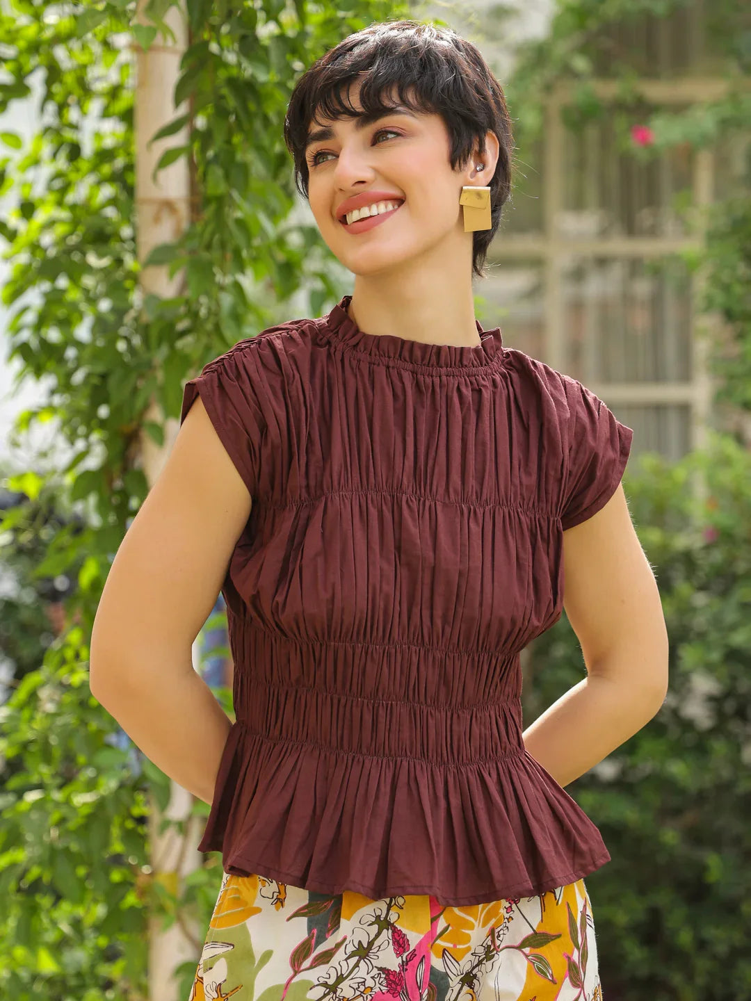 Brown Round Neck Pure Cotton Top Solid Co-ords Set for Women - SanskrutiHomes 