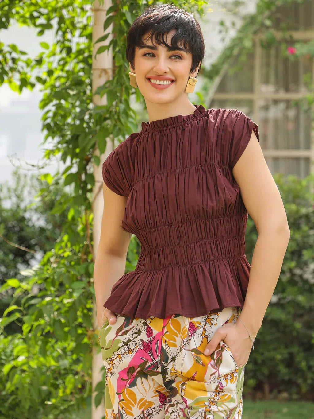 Brown Round Neck Pure Cotton Top Solid Co-ords Set for Women - SanskrutiHomes 