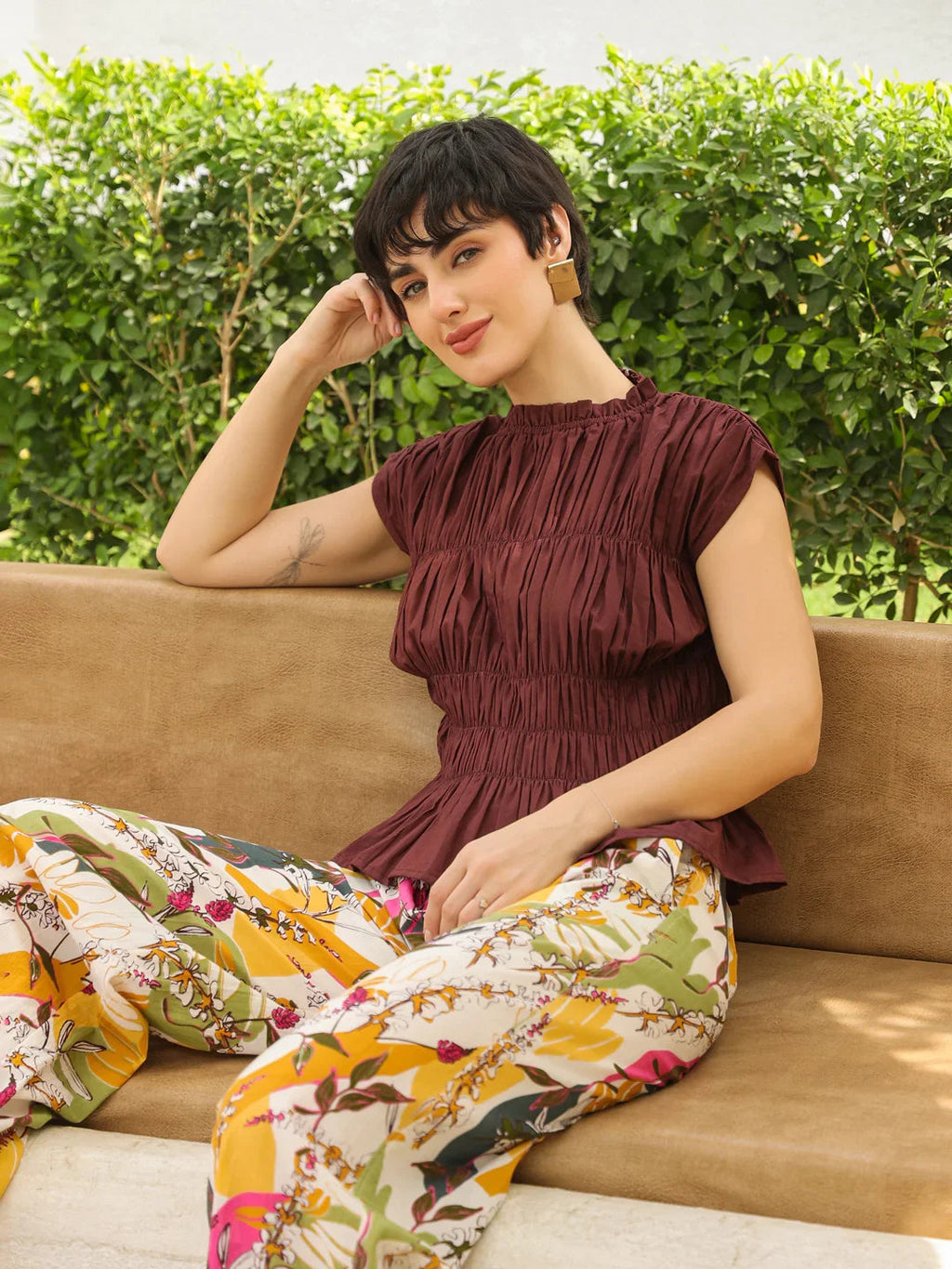 Brown Round Neck Pure Cotton Top Solid Co-ords Set for Women - SanskrutiHomes 