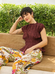 Brown Round Neck Pure Cotton Top Solid Co-ords Set for Women - SanskrutiHomes 