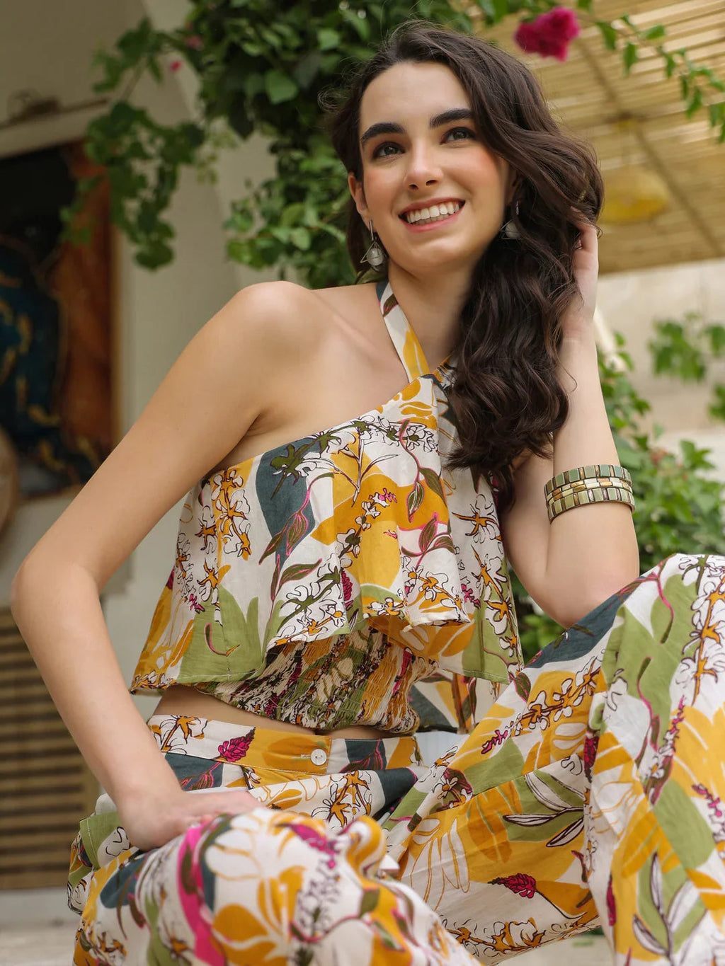 White Printed Cotton V-Neck Co-Ord Set for Women - SanskrutiHomes 