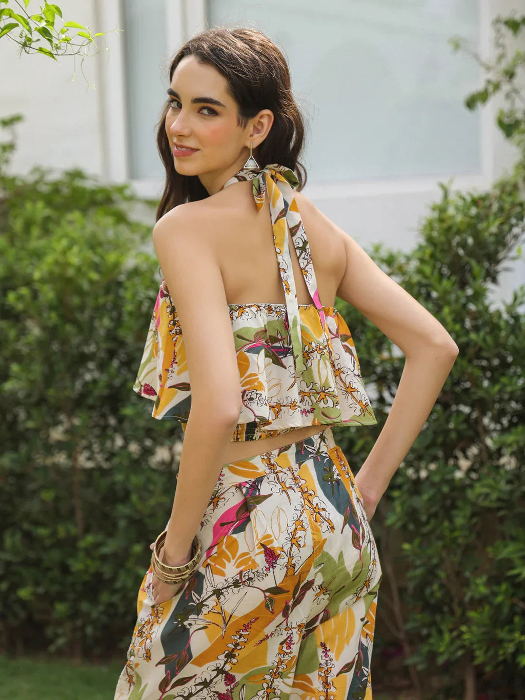 White Printed Cotton V-Neck Co-Ord Set for Women - SanskrutiHomes 