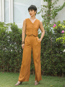 Rust V-Neck Viscose Rayon Solid Coat Co-Ords Set For Women