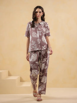 Lavender Shirt Collar Pure Cotton Printed Night Suit for Women - SanskrutiHomes 