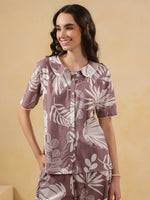 Lavender Shirt Collar Pure Cotton Printed Night Suit for Women - SanskrutiHomes 
