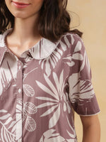 Lavender Shirt Collar Pure Cotton Printed Night Suit for Women - SanskrutiHomes 