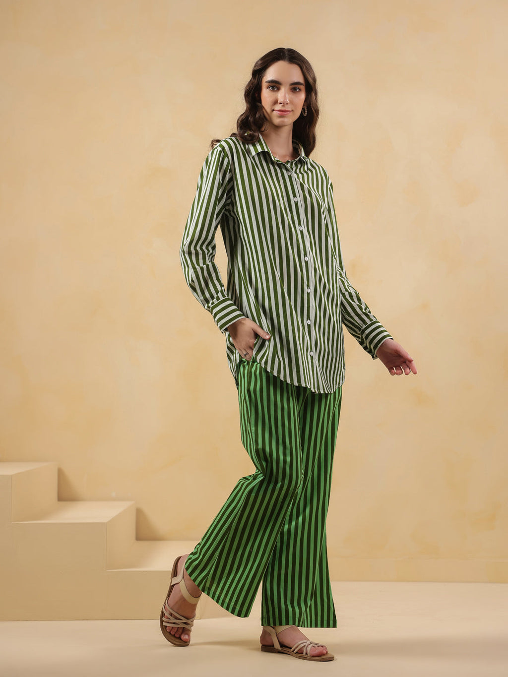 Green Striped Printed Co-ord Set for Women - SanskrutiHomes 