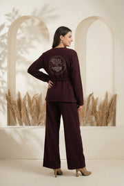 Purple Round Neck Shirt Collar Solid Pure Cotton Co-ord Set for Women
