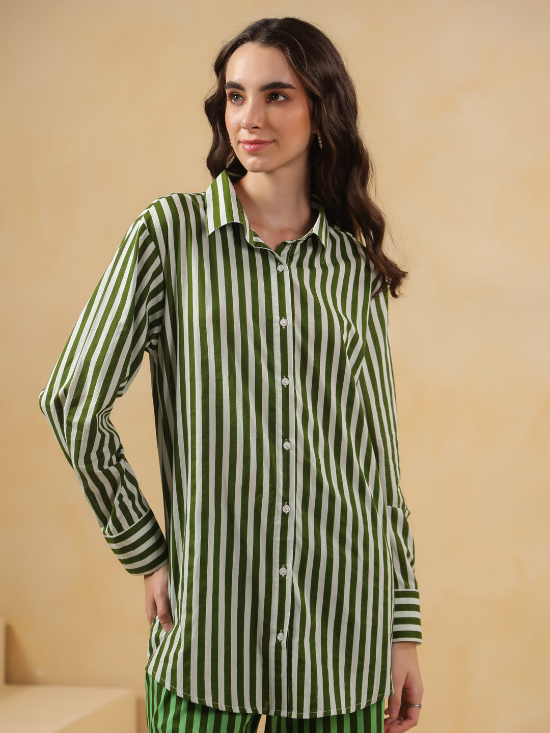 Green Striped Printed Co-ord Set for Women - SanskrutiHomes 