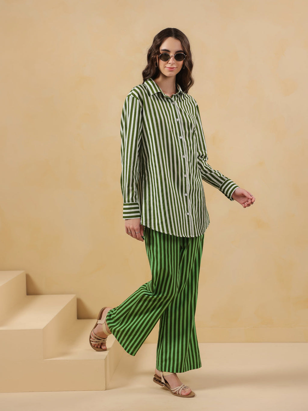 Green Striped Printed Co-ord Set for Women - SanskrutiHomes 