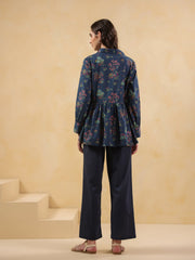 Navy Blue Shirt Collar Pure Cotton Printed Co-Ords Set For Women