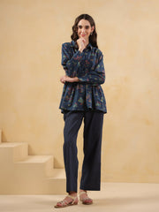 Navy Blue Shirt Collar Pure Cotton Printed Co-Ords Set For Women