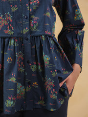 Navy Blue Shirt Collar Pure Cotton Printed Co-Ords Set For Women