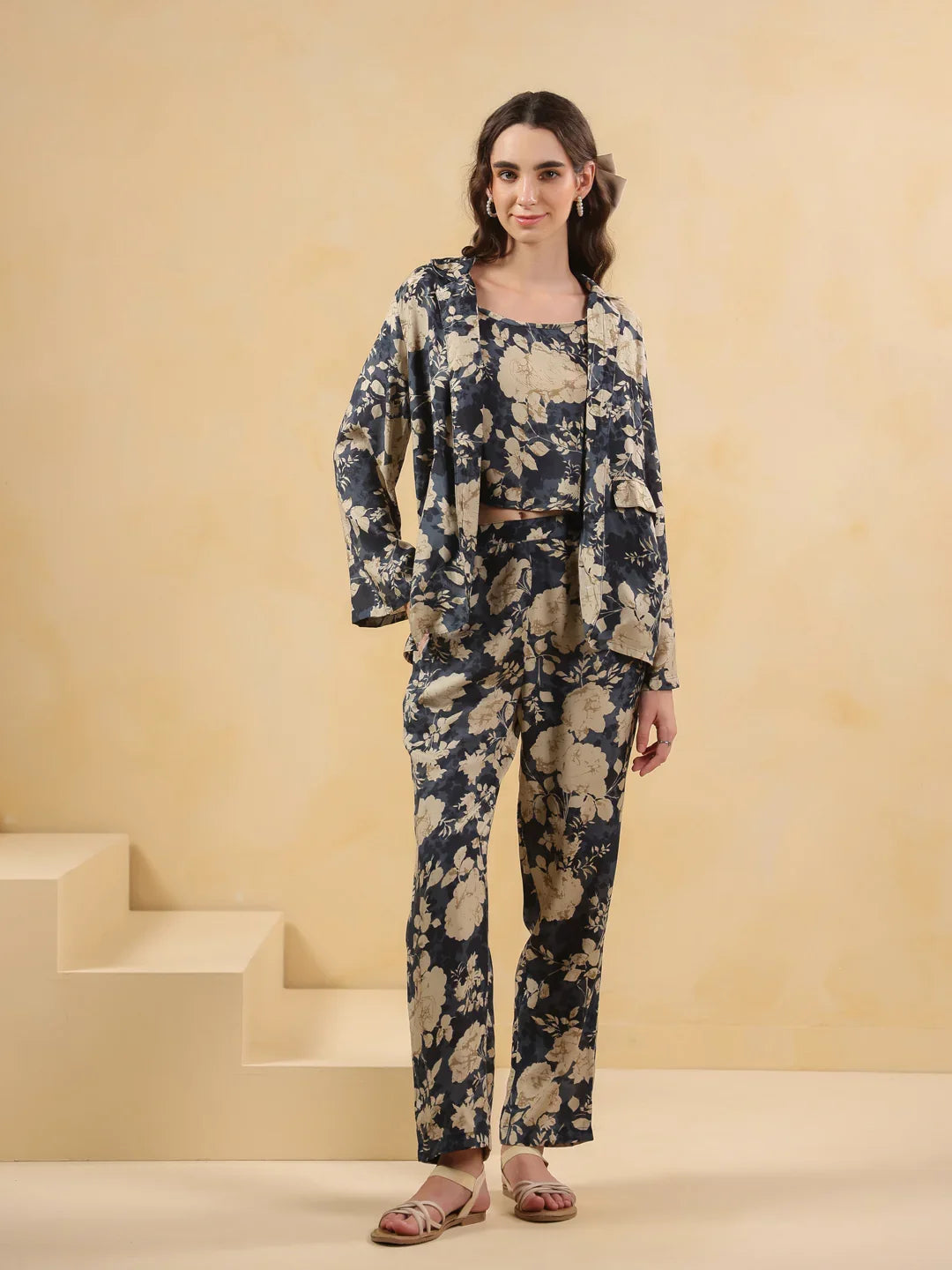 Navy Blue Shirt Collar Silk Blend Printed Co-ords Set for Women - SanskrutiHomes 