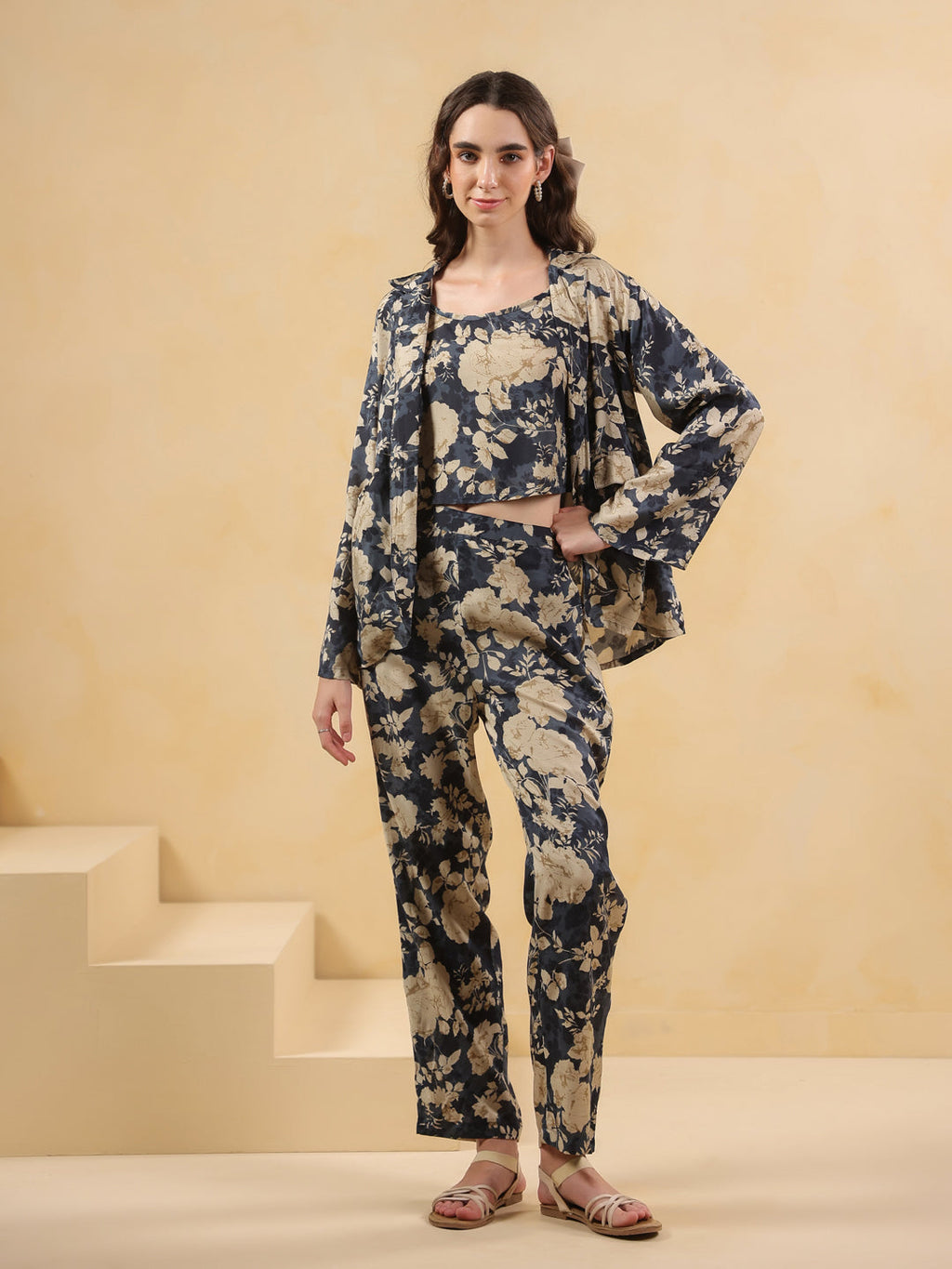 Navy Blue Shirt Collar Silk Blend Printed Co-ords Set for Women - SanskrutiHomes 