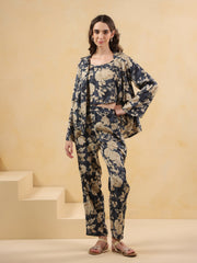 Navy Blue Shirt Collar Silk Blend Printed Co-ords Set for Women - SanskrutiHomes 