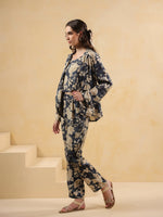 Navy Blue Shirt Collar Silk Blend Printed Co-ords Set for Women - SanskrutiHomes 
