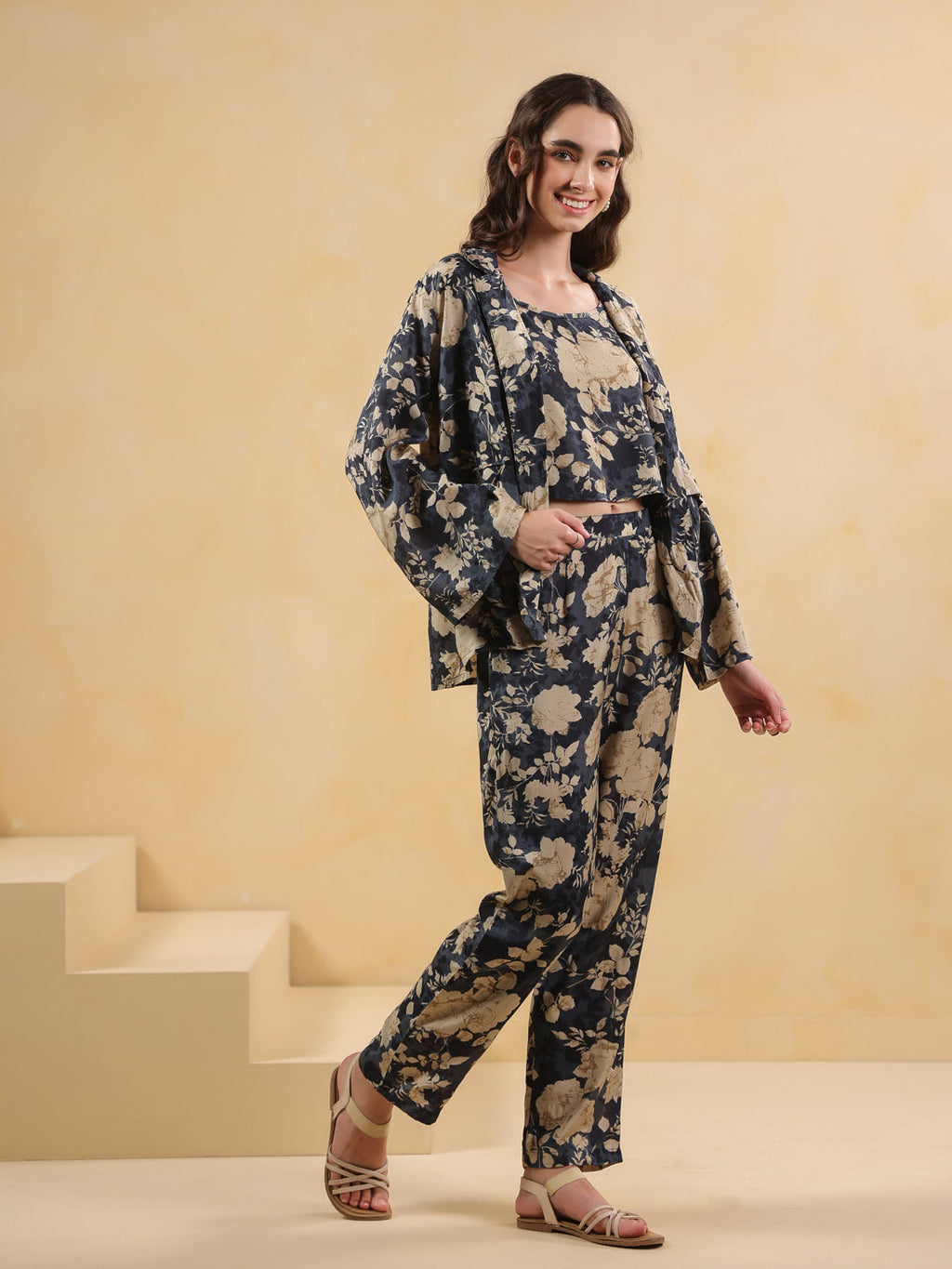 Navy Blue Shirt Collar Silk Blend Printed Co-ords Set for Women - SanskrutiHomes 