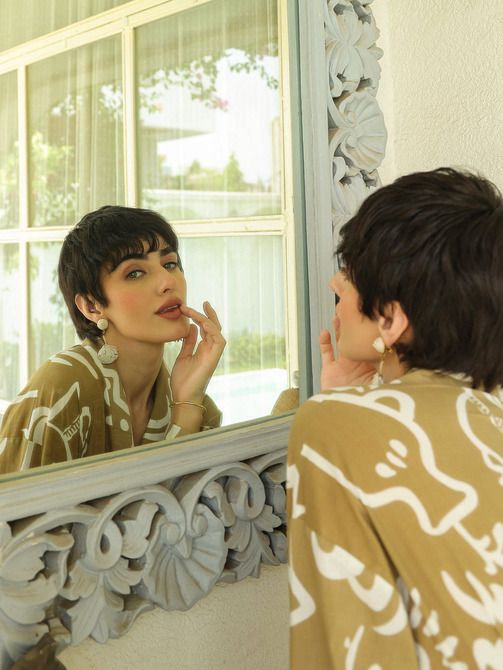 Navy Blue Shirt Collar Silk Blend Printed Co-ords Set for Women - SanskrutiHomes 