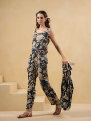 Navy Blue Shirt Collar Silk Blend Printed Co-ords Set for Women - SanskrutiHomes 