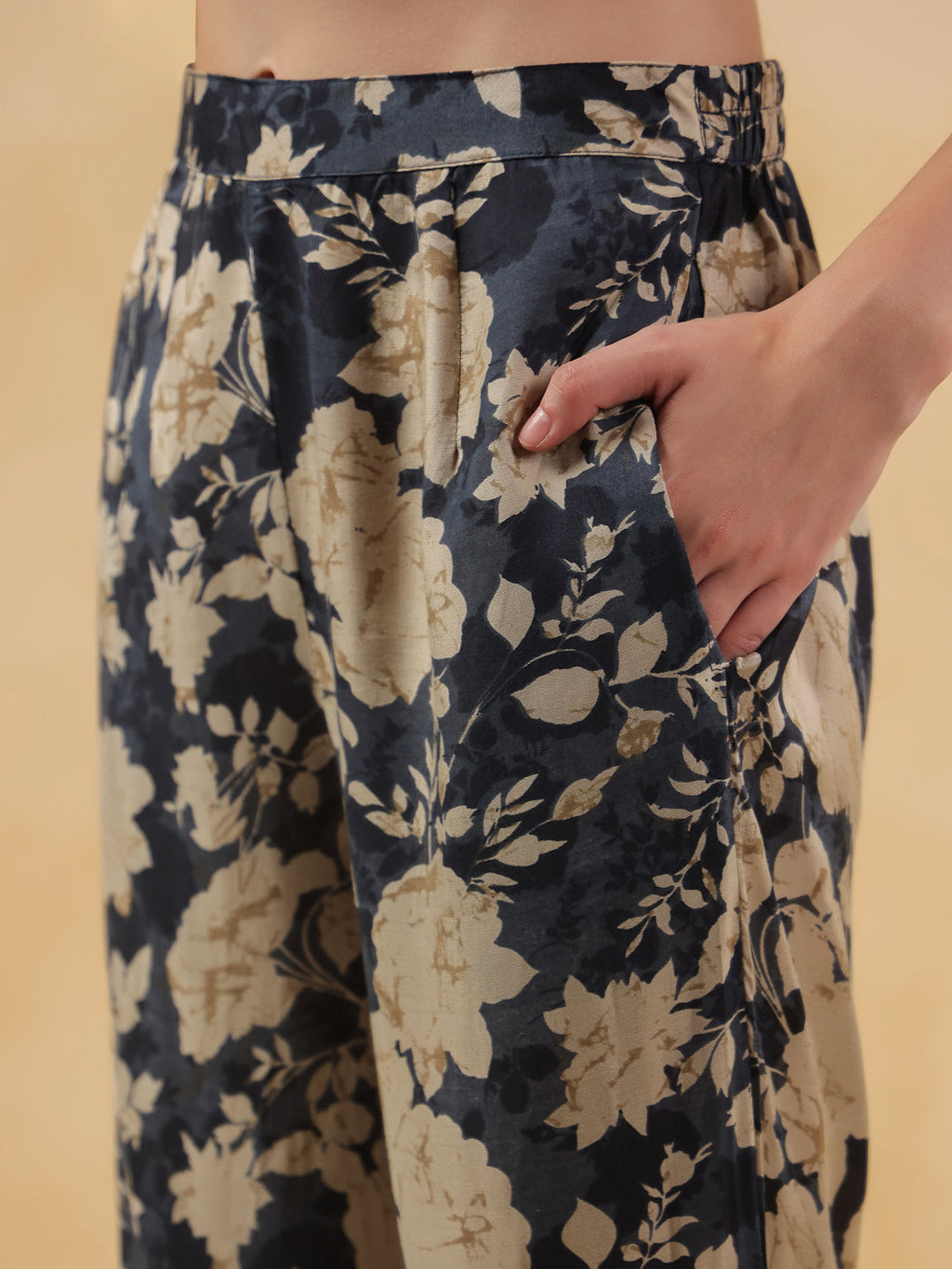 Navy Blue Shirt Collar Silk Blend Printed Co-ords Set for Women - SanskrutiHomes 