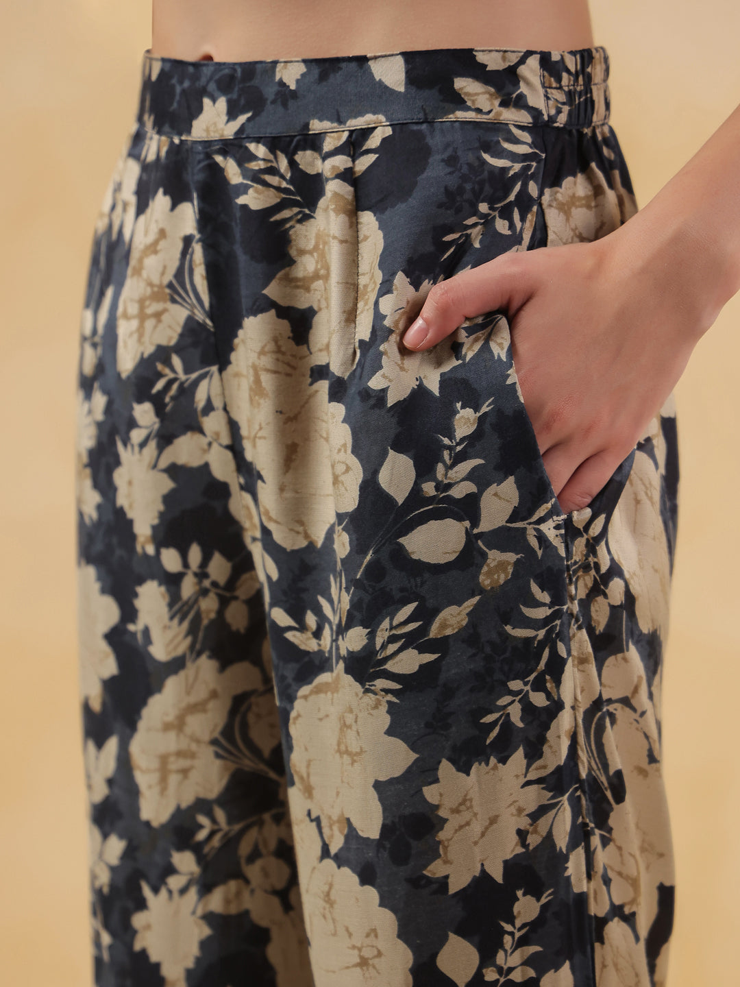 Navy Blue Shirt Collar Silk Blend Printed Co-ords Set for Women - SanskrutiHomes 