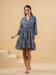 Blue Floral Printed Cotton Printed Dress - SanskrutiHomes 