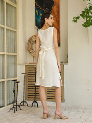 White Linen Blend V-Neck Sleeveless Dress for Women - SanskrutiHomes 