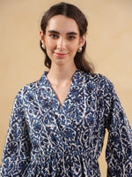 Blue Floral Printed Cotton Printed Dress - SanskrutiHomes 