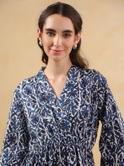 Blue Floral Printed Cotton Printed Dress - SanskrutiHomes 