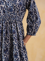 Blue Floral Printed Cotton Printed Dress - SanskrutiHomes 