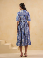 Blue Floral Printed Shirt Coller Dress - SanskrutiHomes 