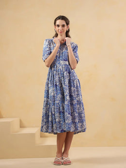 Blue Floral Printed Shirt Coller Dress - SanskrutiHomes 