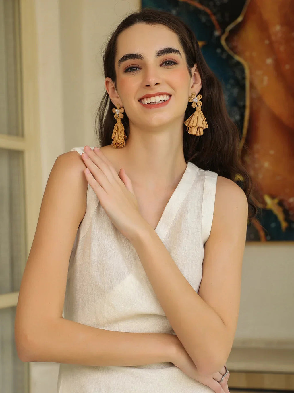 White Linen Blend V-Neck Sleeveless Dress for Women - SanskrutiHomes 