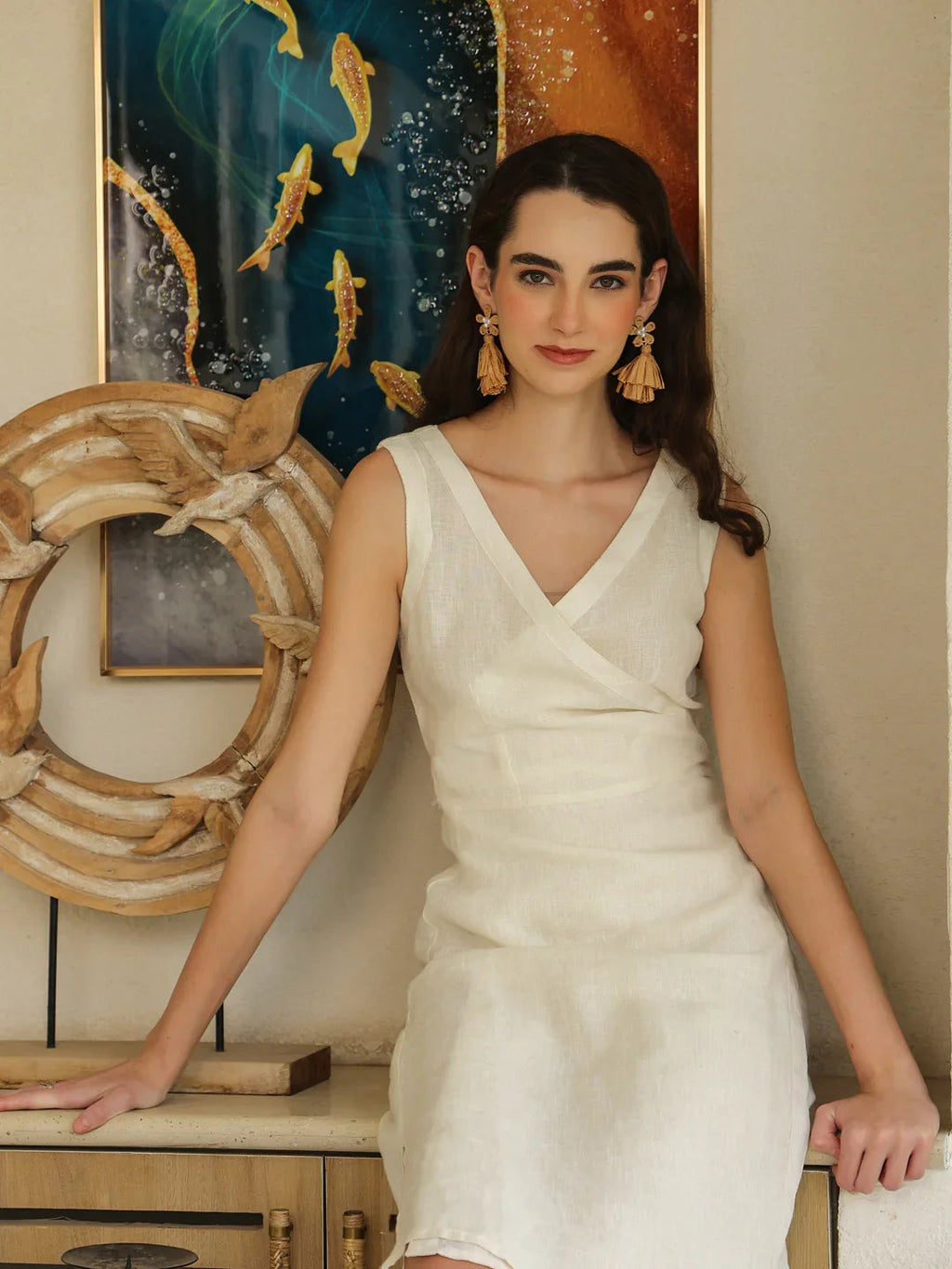 White Linen Blend V-Neck Sleeveless Dress for Women - SanskrutiHomes 