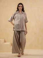 Beige Lapel Collar Pure Cotton Solid Night Suit for Women - SanskrutiHomes 