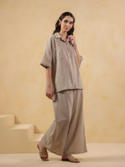 Beige Lapel Collar Pure Cotton Solid Night Suit for Women - SanskrutiHomes 