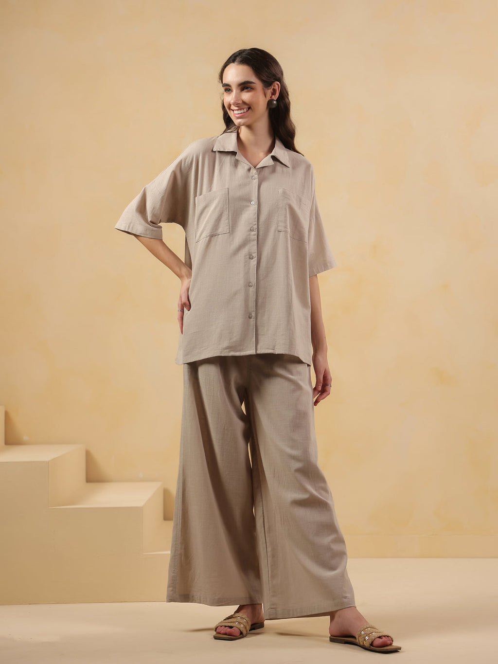 Beige Lapel Collar Pure Cotton Solid Night Suit for Women - SanskrutiHomes 